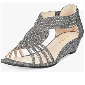 YDN Grey Wedge Glitter Open Toe Rhinestones Cross Over Straps Zippper Sandals